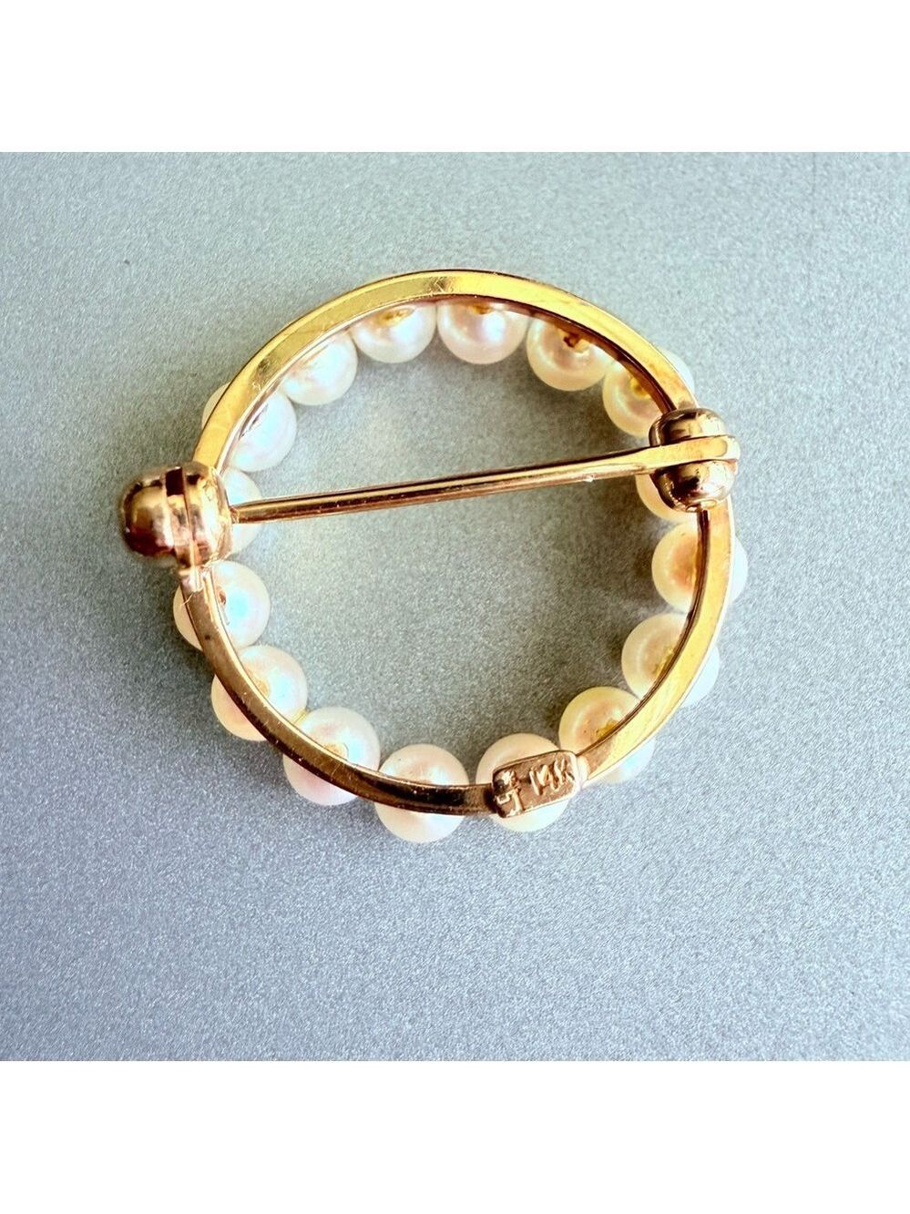 14k Gold White Natural Pearl Round Circle Elegant Pin Brooch Vintage - Picture 3 of 6